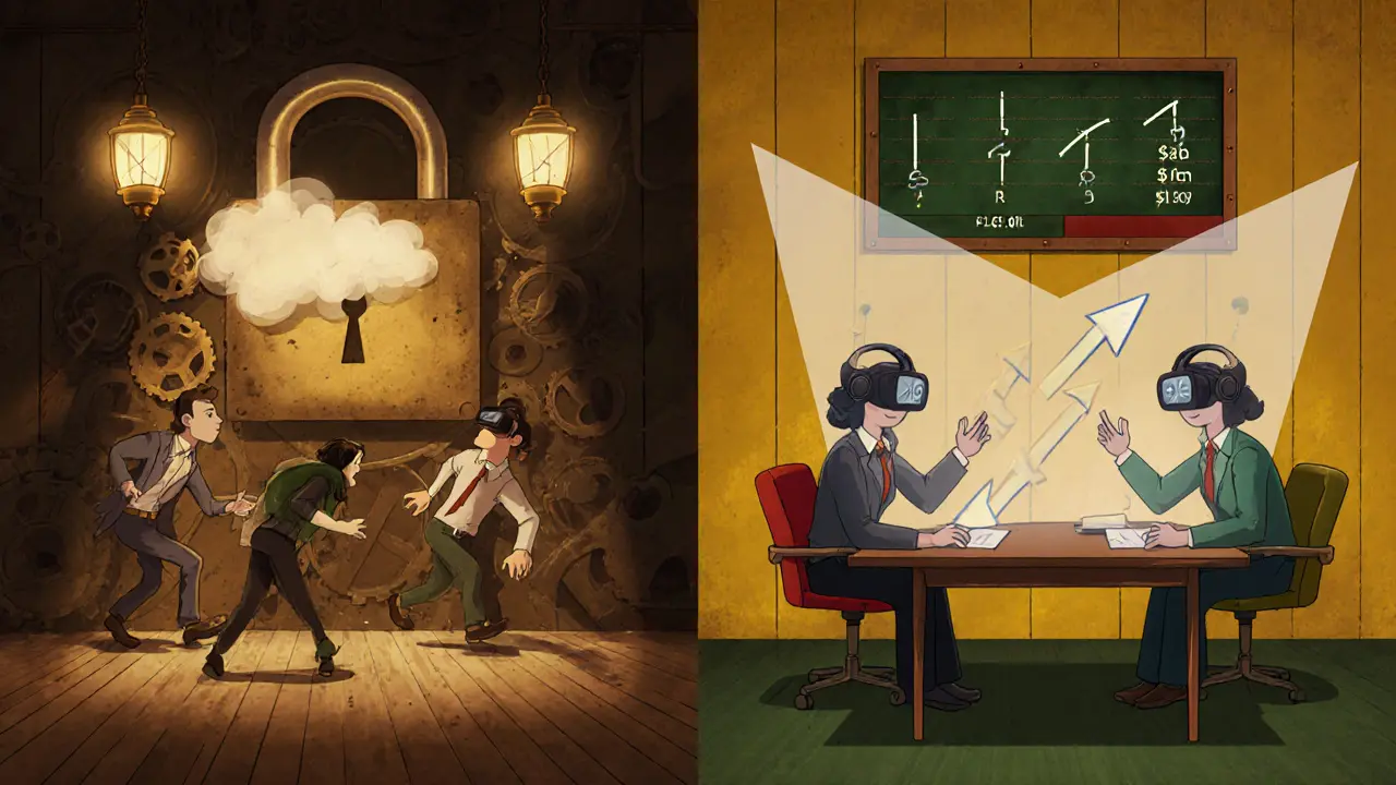 Split vintage cartoon scene of an escape room puzzle and remote VR teamwork with floating metrics.