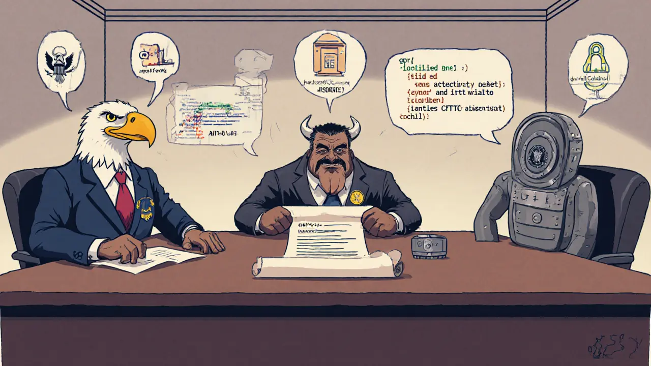 Vintage cartoon boardroom with mascot regulators reviewing a contract and smart code.