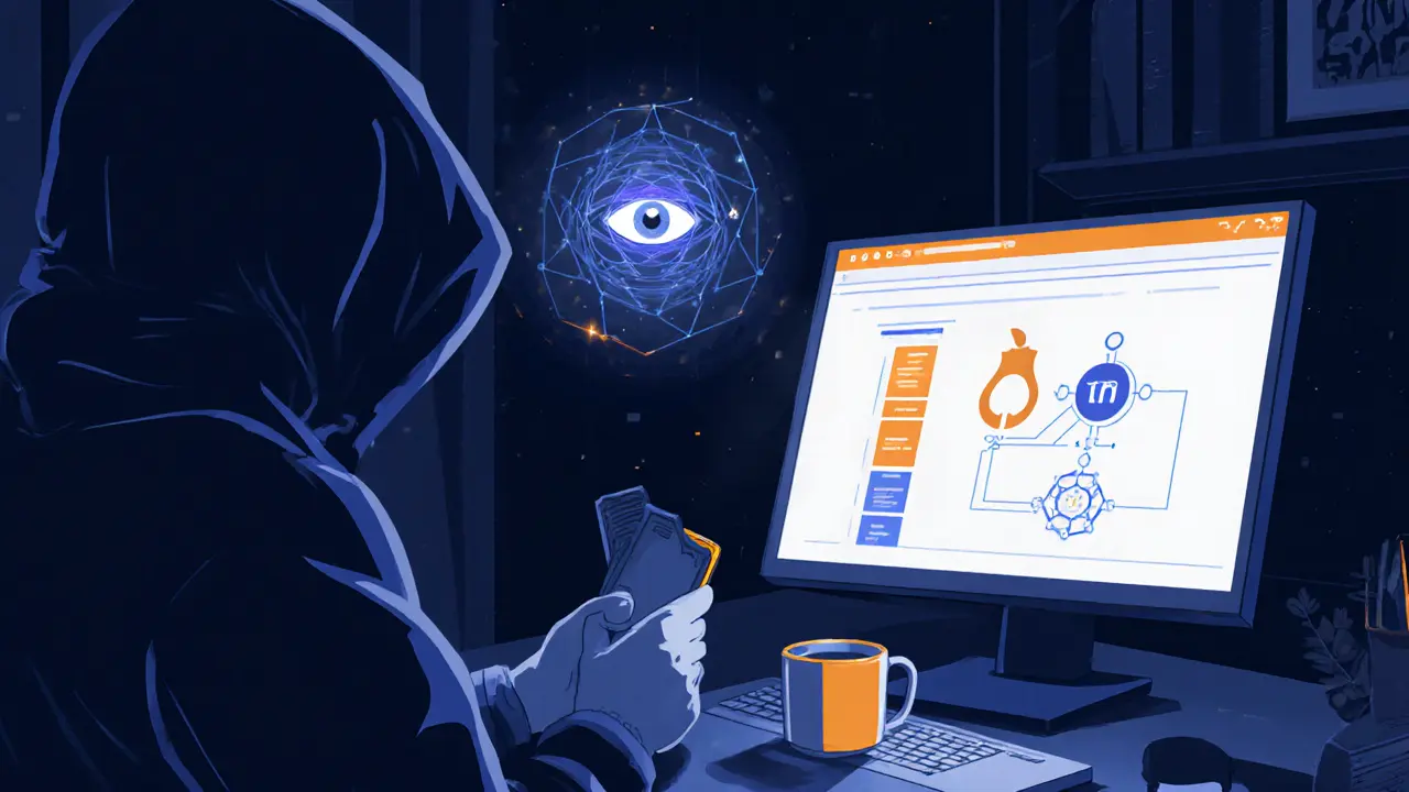 Vintage cartoon of a hooded figure using VPN, hardware wallet, and seeing a digital ruble icon.