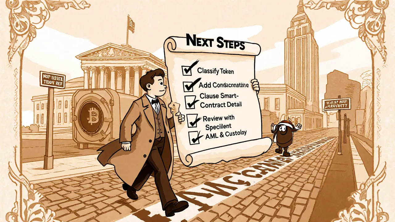 Vintage cartoon of a lawyer walking a path of steps toward finalizing a crypto agreement.