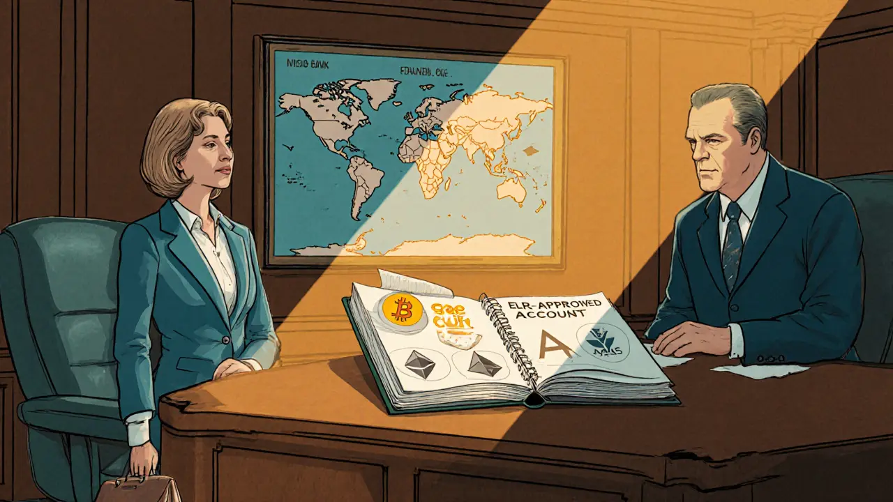 Vintage cartoon of a woman and bank official reviewing an ELR account ledger with crypto logos.