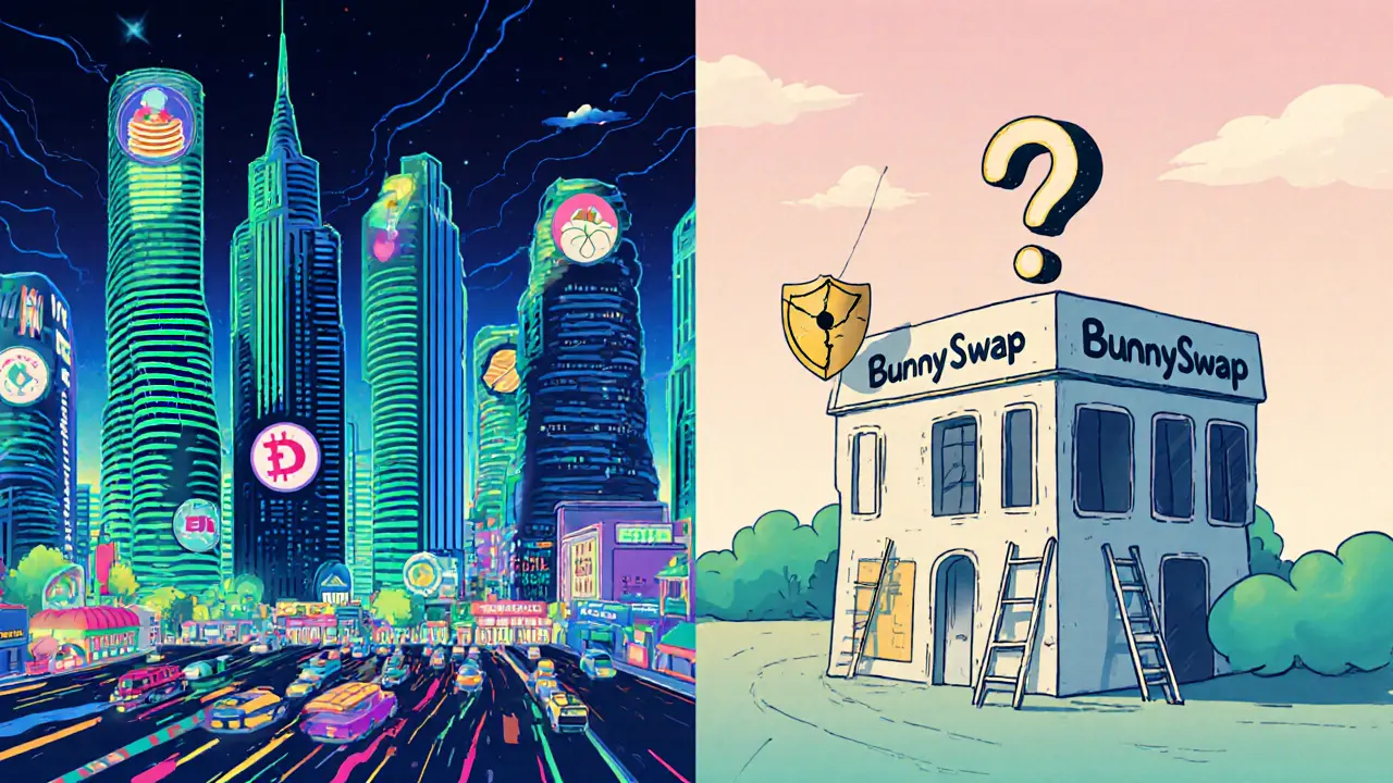 Vintage cartoon split scene showing tiny BunnySwap building beside busy DEX cityscape.