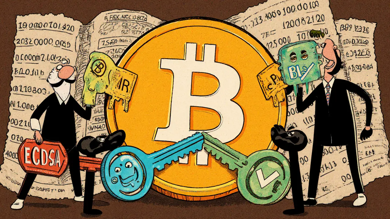Cartoon characters combine their keys into one compact Schnorr signature on a Bitcoin logo.