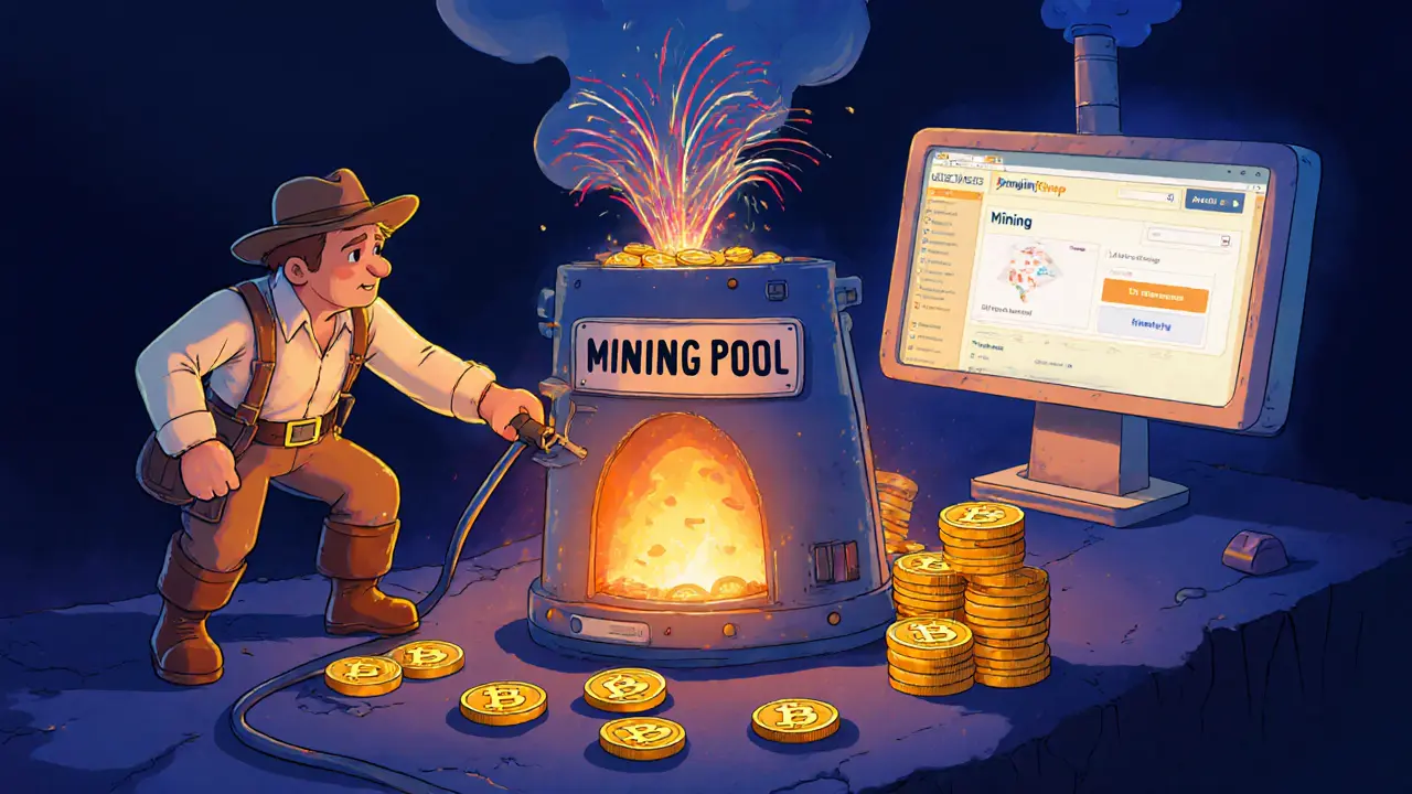 Cartoon mining pool with user staking Bzzt and Bzzb, BZZONE coins emerging from machine.