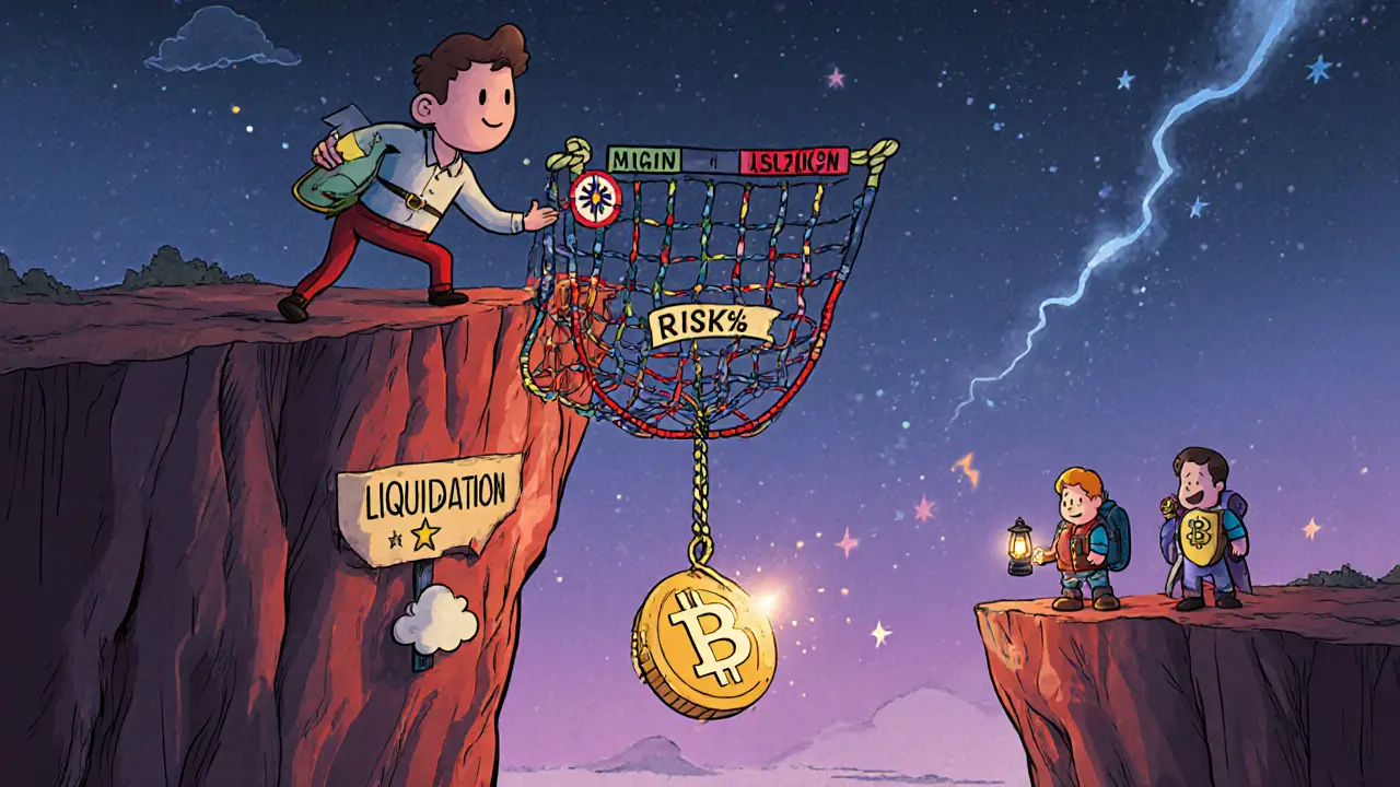 Cartoon trader uses a safety net with stop‑loss symbols to avoid liquidation.