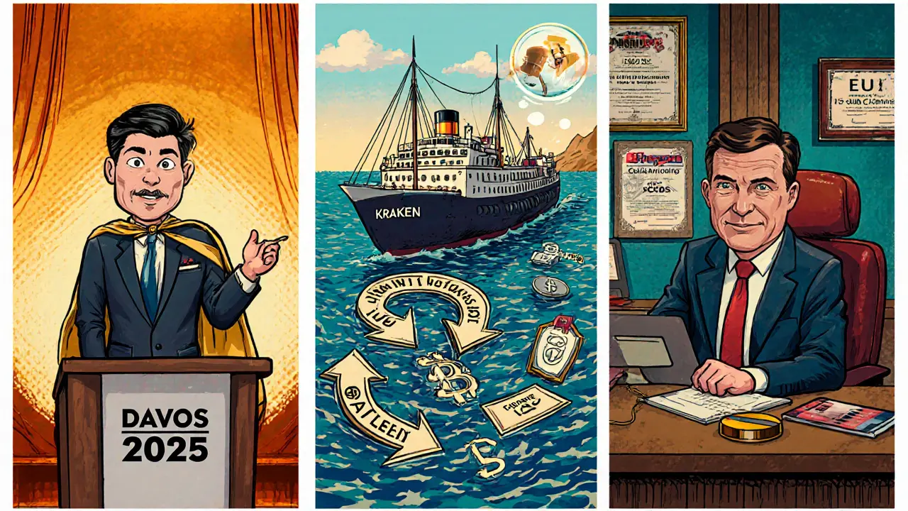 Three‑panel vintage cartoon showing CEOs Richard Teng, Dave Ripley, and Brian Armstrong presenting strategies.