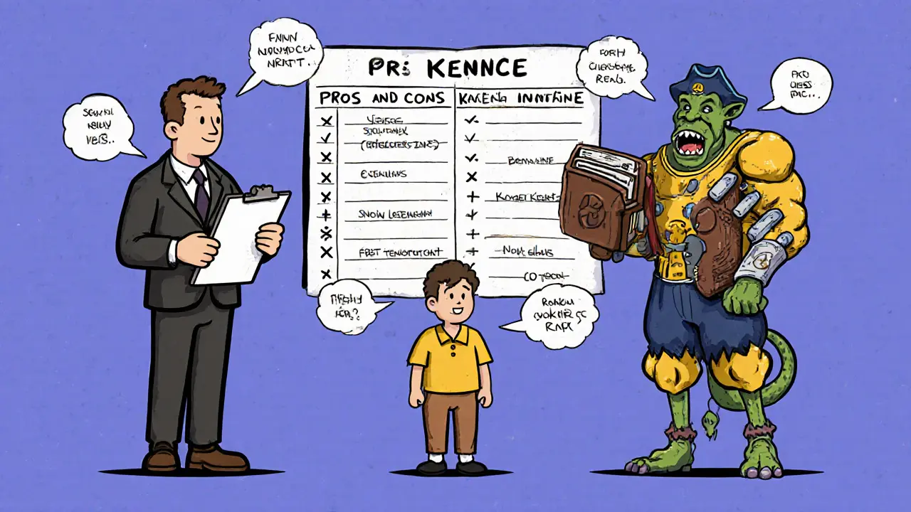 Vintage cartoon comparing Anycoin Direct, Binance, and Kraken with a European user choosing between them.