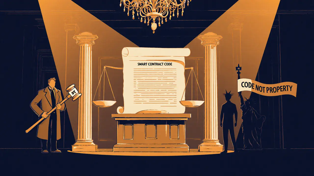 Vintage cartoon courtroom with judges weighing a smart contract against a developer.