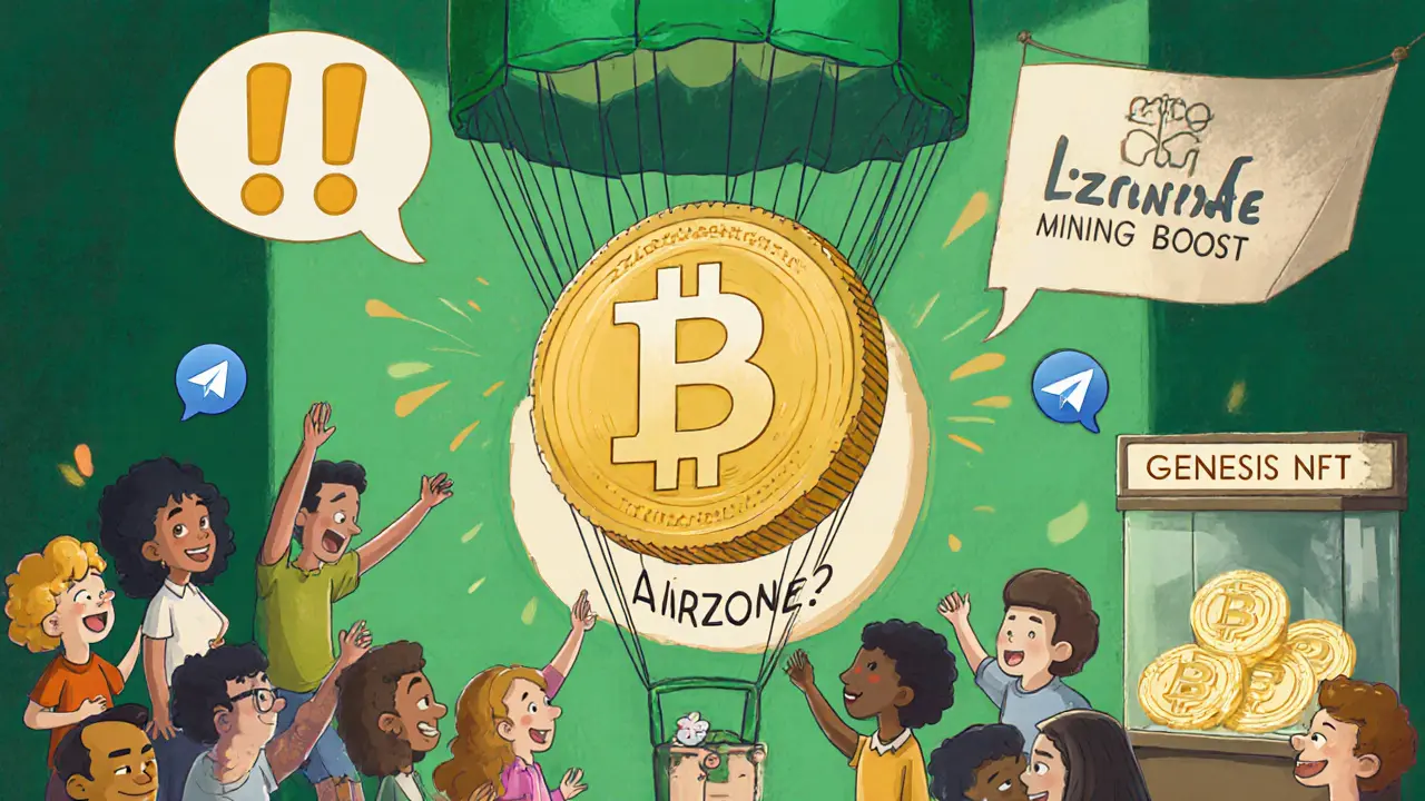 Vintage cartoon crowd watching a parachuting BZZONE token with telegram chat bubbles.