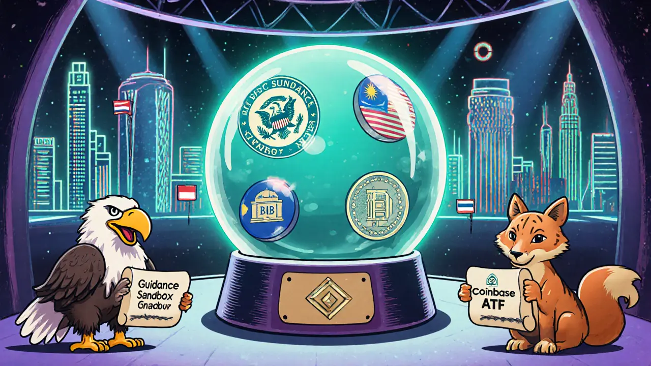 Vintage cartoon crystal ball scene with US, Malaysia, and FATF figures predicting 2026 crypto outlook.
