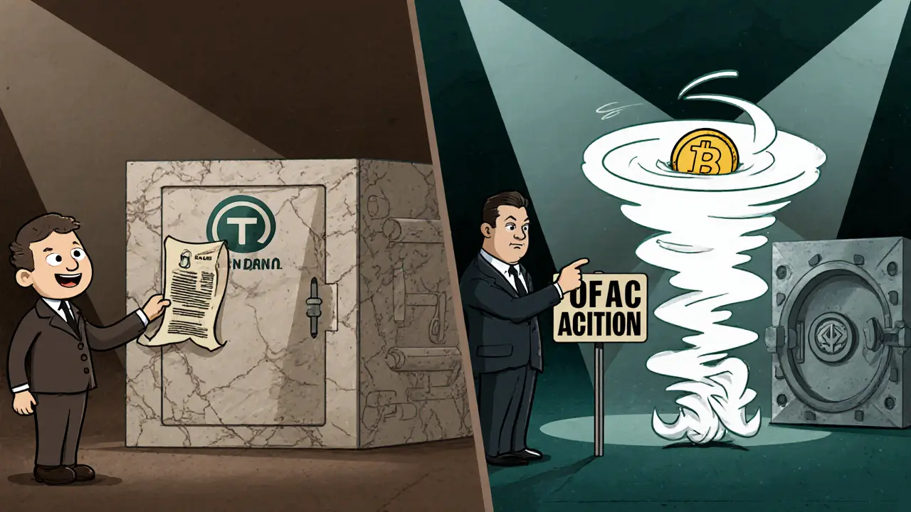 Vintage cartoon showing a user depositing and withdrawing ETH with an OFAC officer nearby.