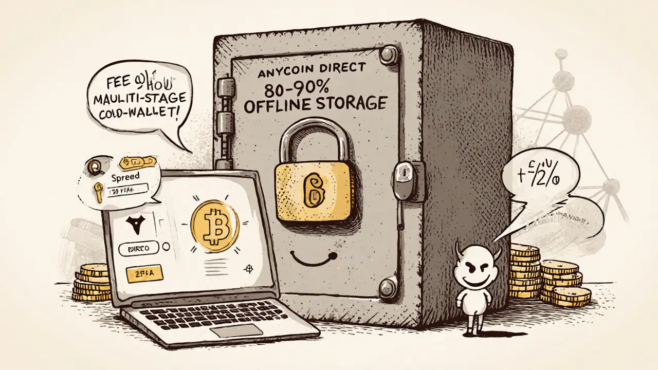 Vintage cartoon showing a vault for offline storage, 2FA login, and a hidden spread on Bitcoin price.