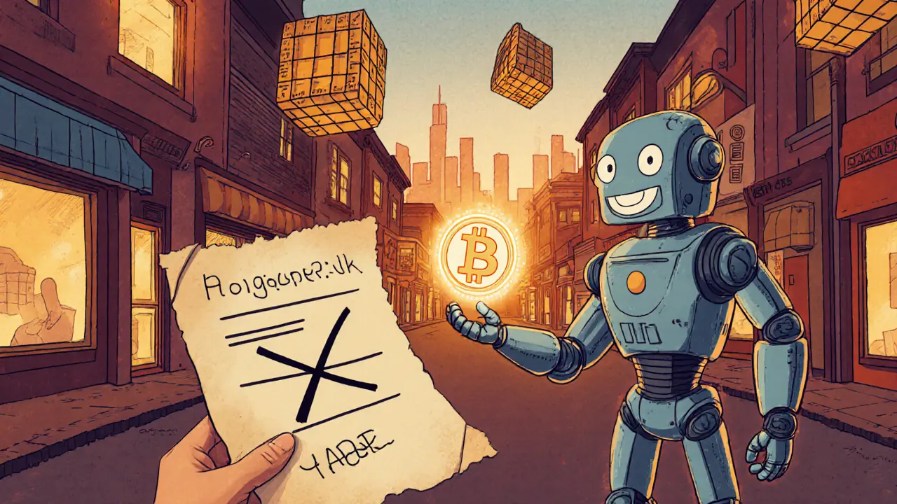 Vintage cartoon shows a robot delivering a digital signature while a handwritten scroll is crossed out.