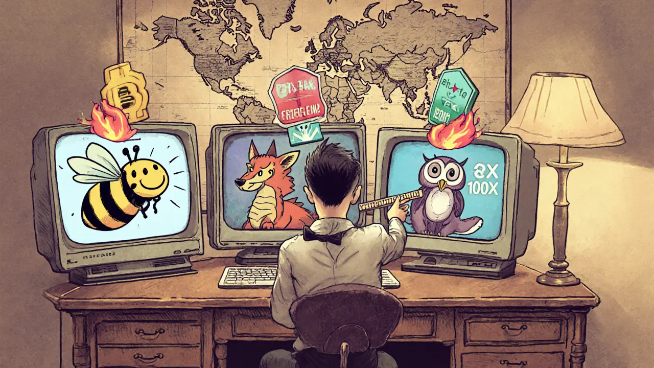Vintage cartoon shows four platform mascots on monitors with leverage badges.