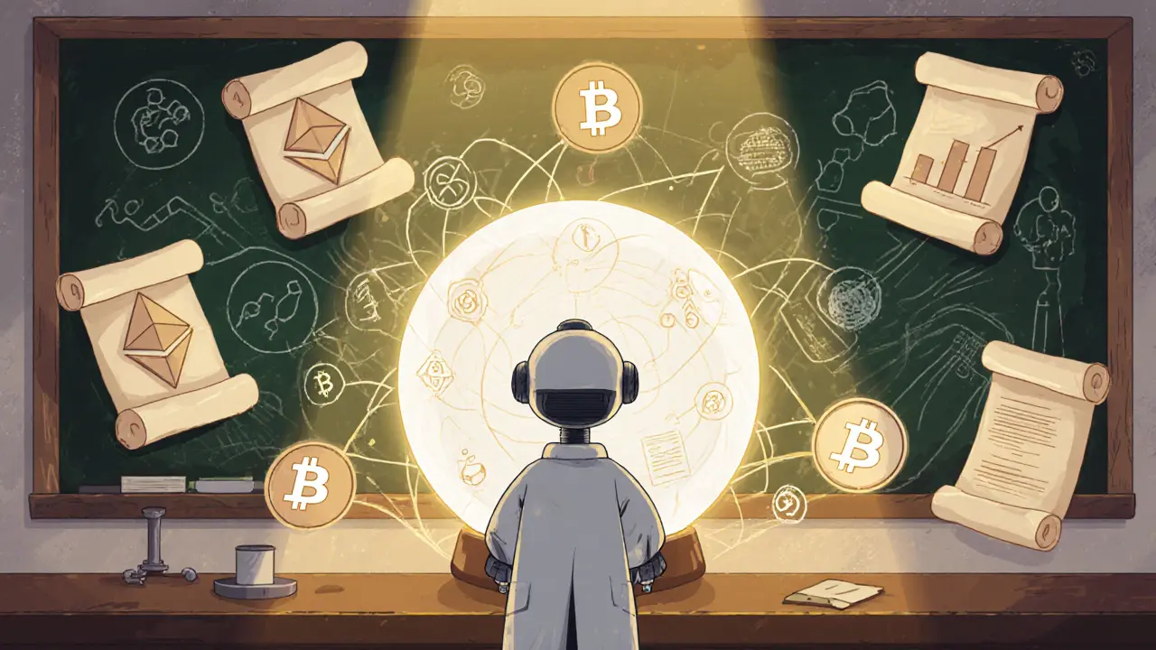 AI robot in a vintage lab looking into a crystal ball of interconnected blockchains.