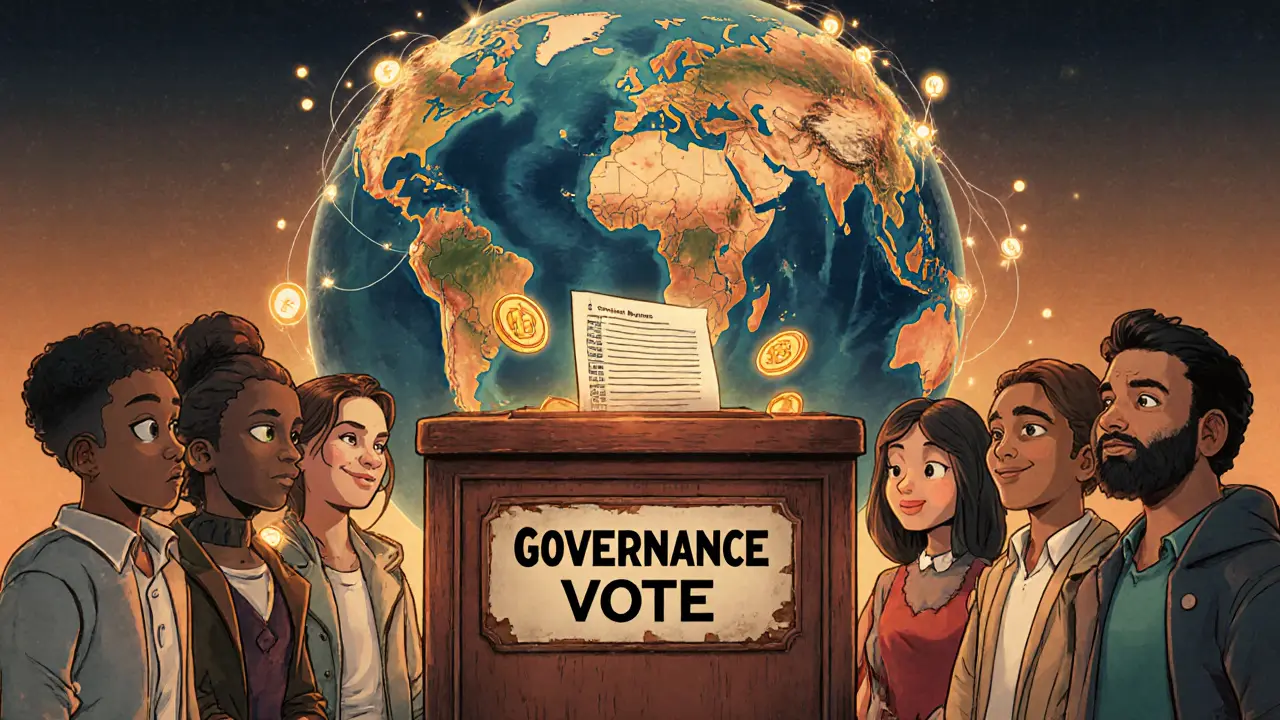 Cartoon characters voting on blockchain governance with globe of nodes.