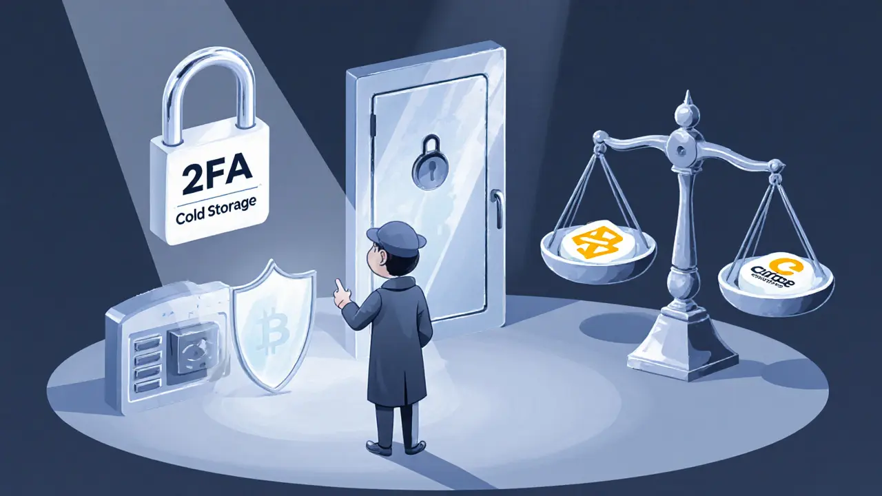 Cartoon figure reviewing security tools like lock, 2FA device, and cold storage vault.