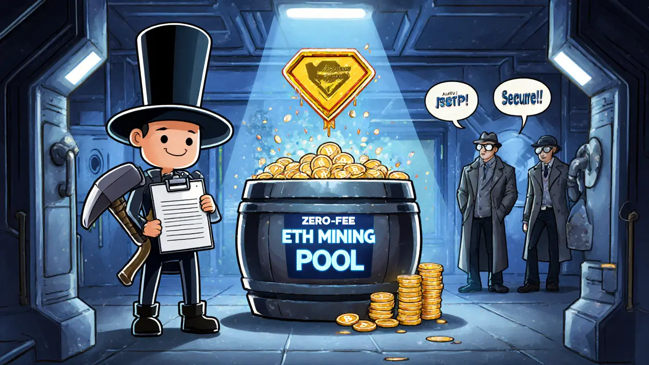 Cartoon miner feeds ETH into a pool while a 10% bonus badge and detective auditors watch.