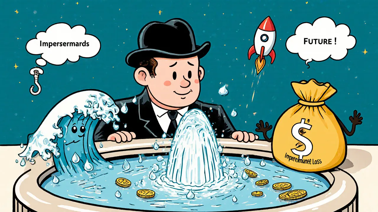 Cartoon of a hat‑wearing provider watching a coin‑spouting pool with a loss wave nearby.
