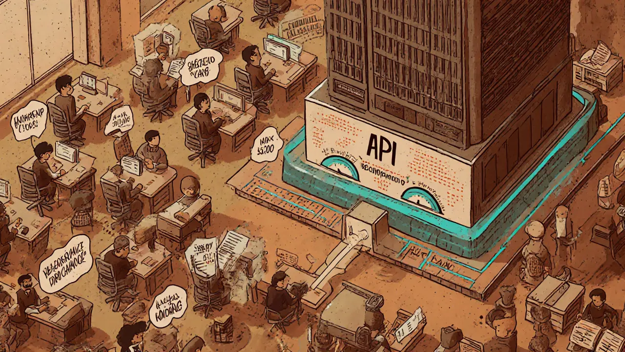 Cartoon of Nobitex office with API cable linking to government server and stablecoin caps.