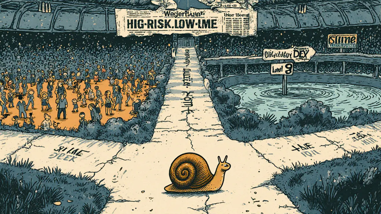 Cartoon snail at a crossroads between a bustling arena and a cracked bridge labeled SLIME.