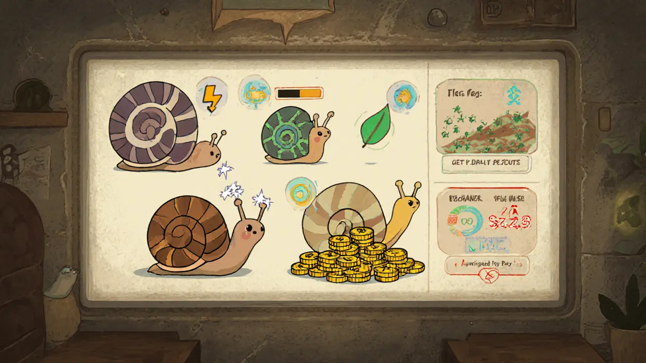 Cartoon split panel showing five snail families with trait icons and a tiny DEX screen.