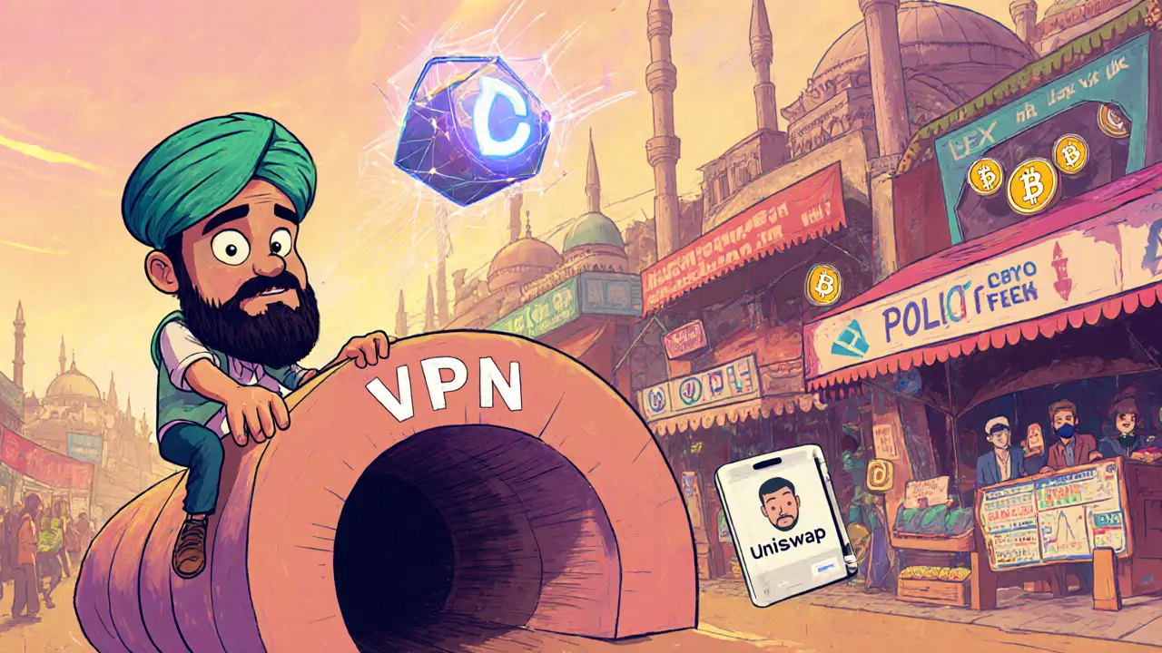 Cartoon trader using VPN to Turkey, swapping USDT for DAI on Polygon and using DEX.
