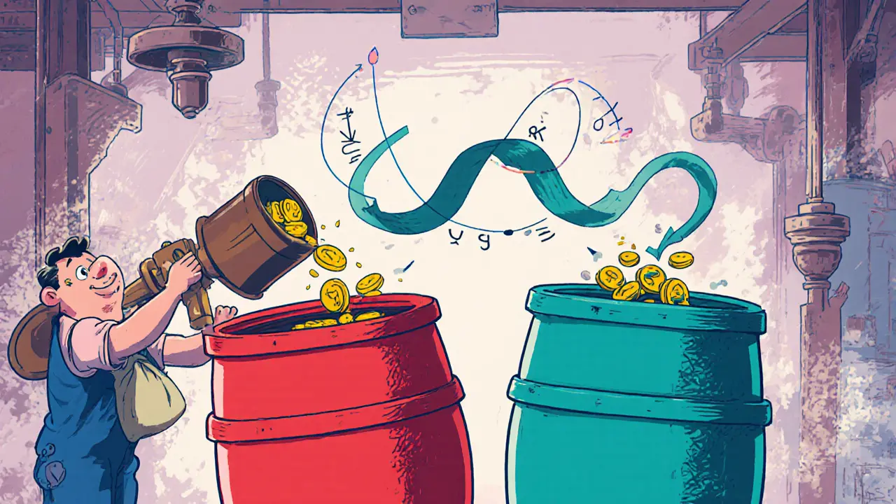 Retro illustration of two colored barrels with tokens moving, showing a liquidity pool lever.