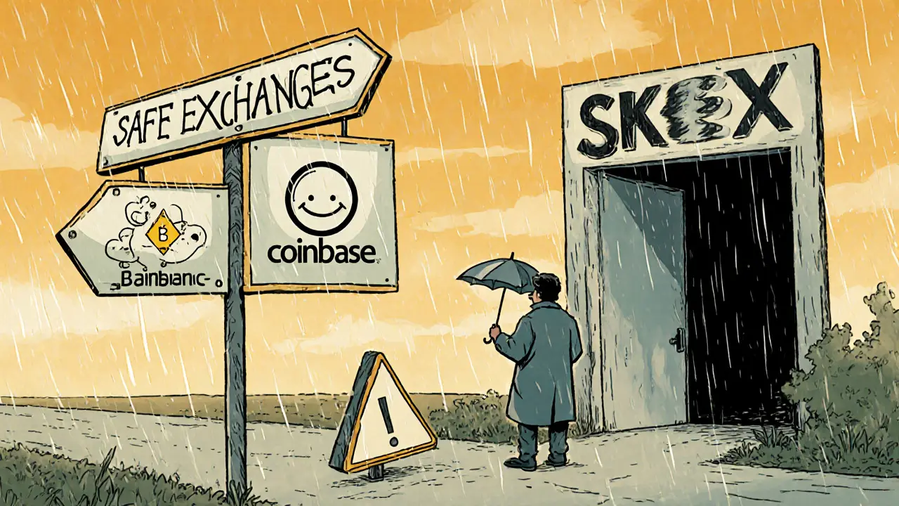 Trader chooses safe exchange path over foggy SKEX route in cartoon style.