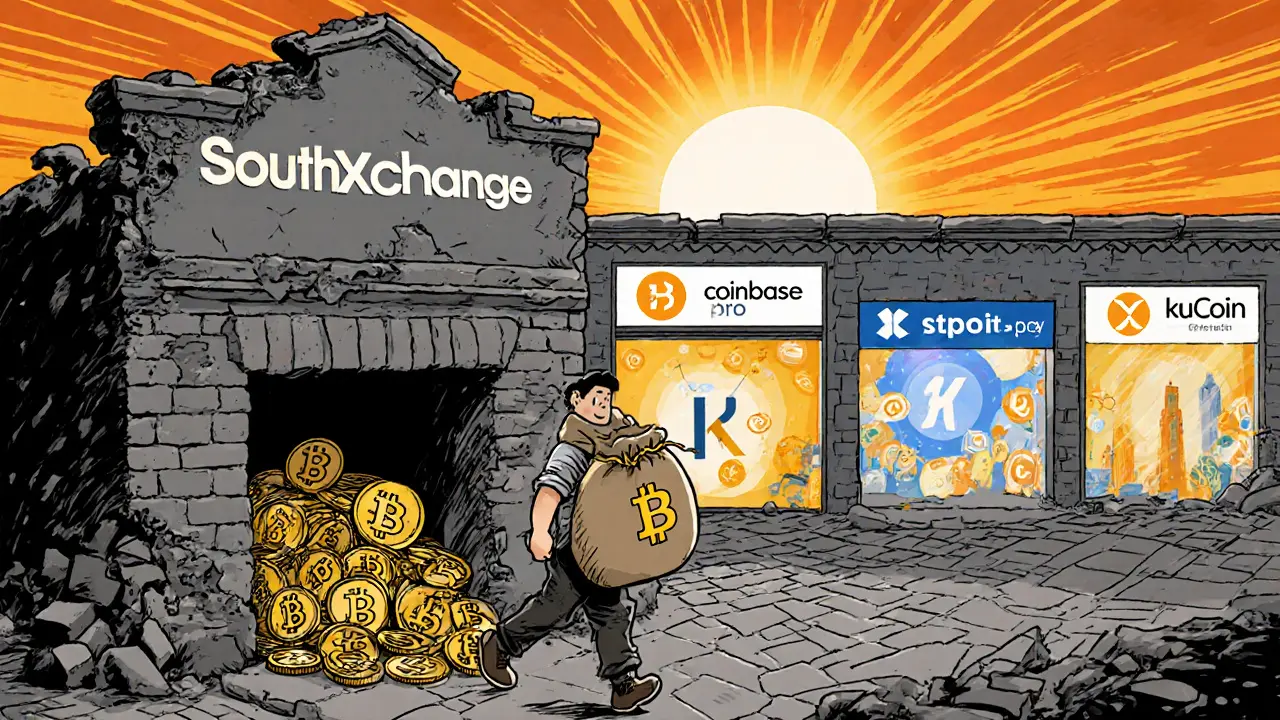 User carrying a sack of crypto coins away from a crumbling exchange toward bright logos.