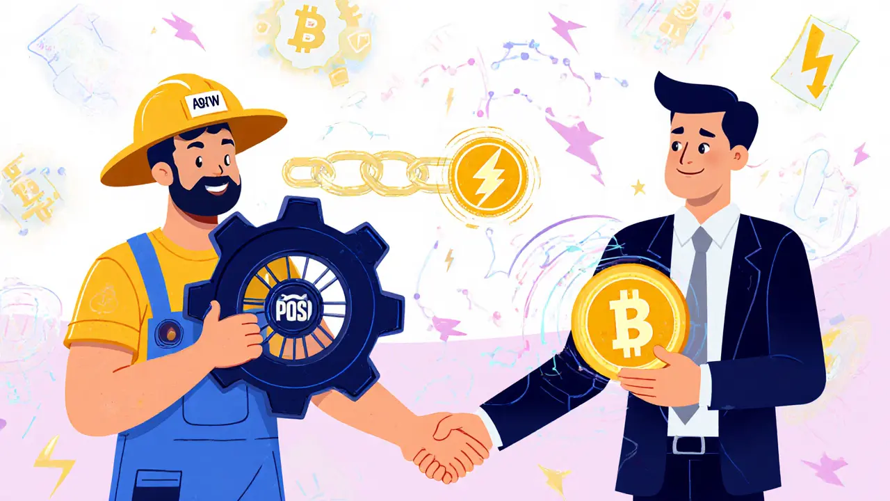 Vintage cartoon of a miner and validator shaking hands over a hybrid blockchain chain.