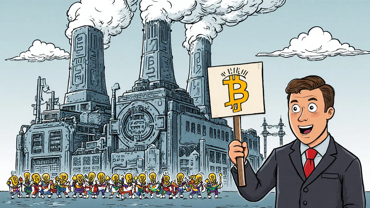 Vintage cartoon of a steampunk power plant powering 150 tiny nation icons and an ESG investor.