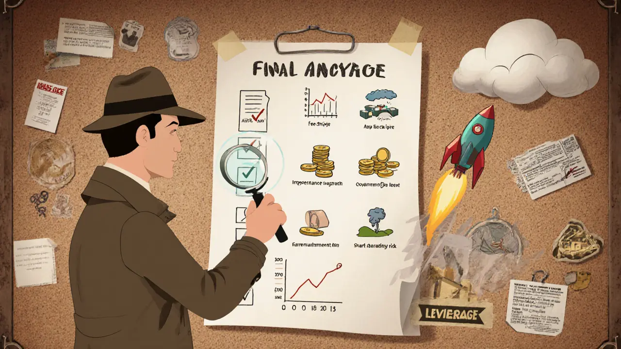 Detective‑investor reviewing a checklist of yield farming factors with icons for fees, rewards, risk, and leverage.