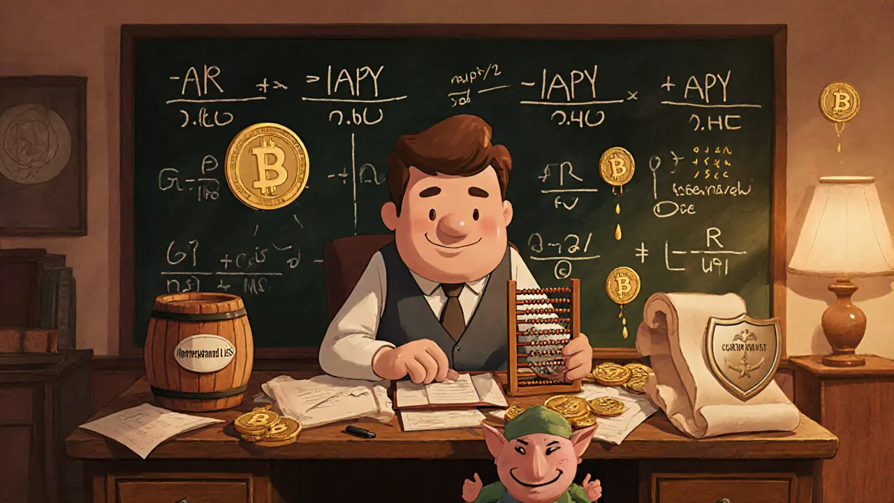 Retro office scene with an accountant calculating APR, APY, fees, and impermanent loss using a blackboard and floating tokens.