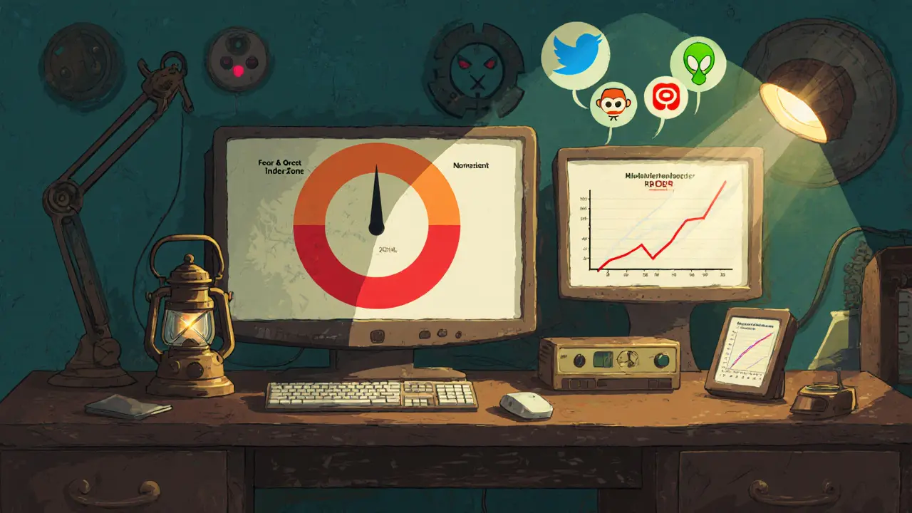 Vintage cartoon desk with Fear & Greed gauge, SOPR chart, and social media icons.