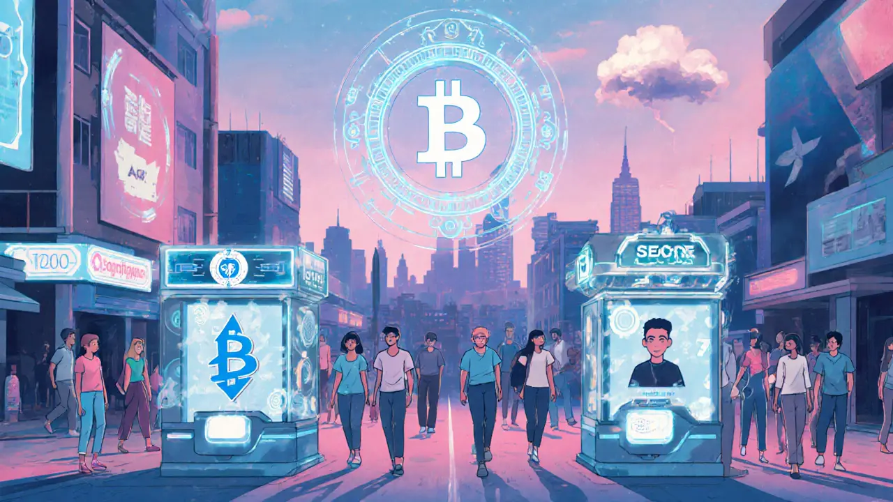 Vintage cartoon futuristic marketplace with biometric scanners, AI kiosks, and a floating DeFi portal.