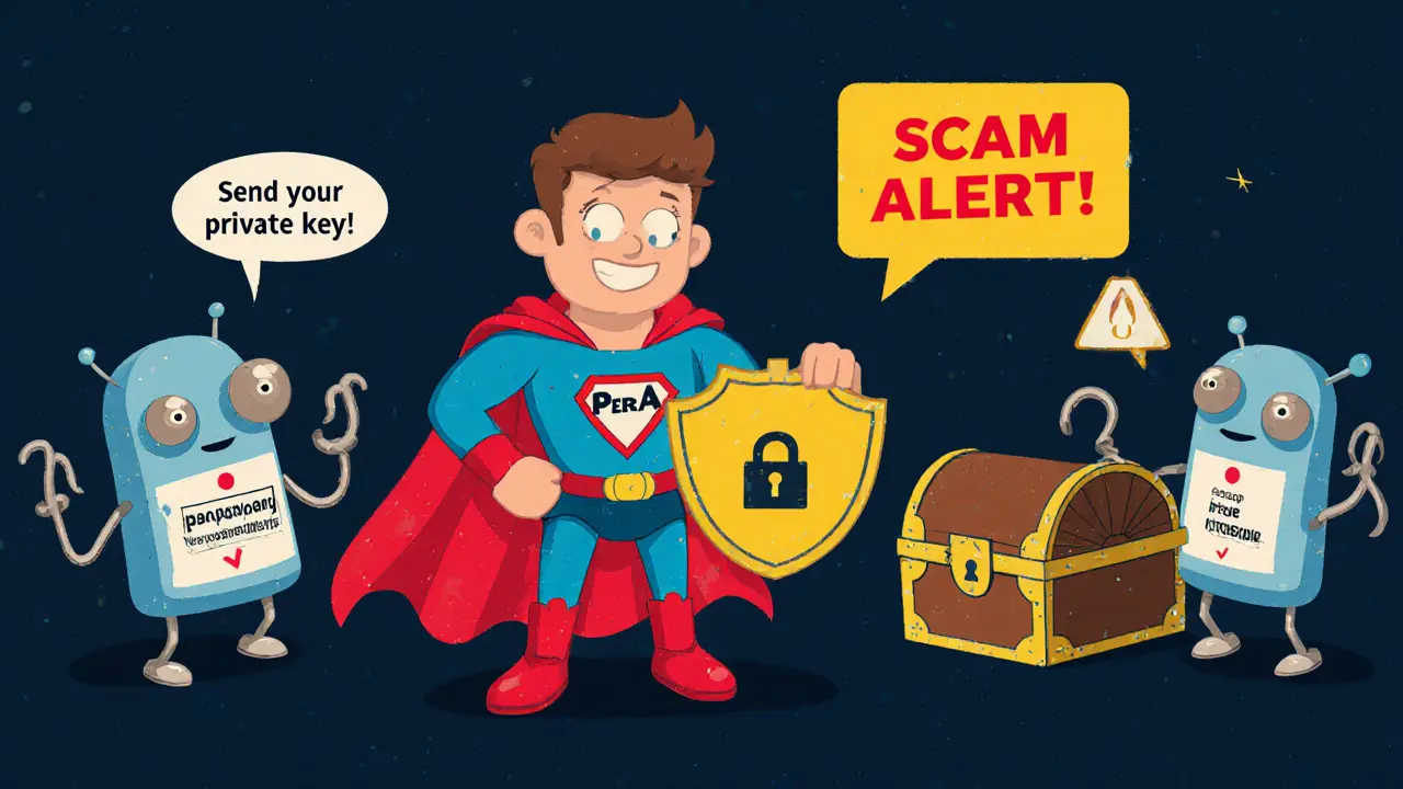 Vintage cartoon hero protecting a PERA wallet from scam bots with warning signs.