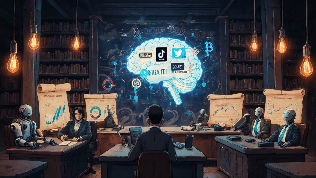 Vintage cartoon of AI robot analyzing crypto sentiment for institutional traders.