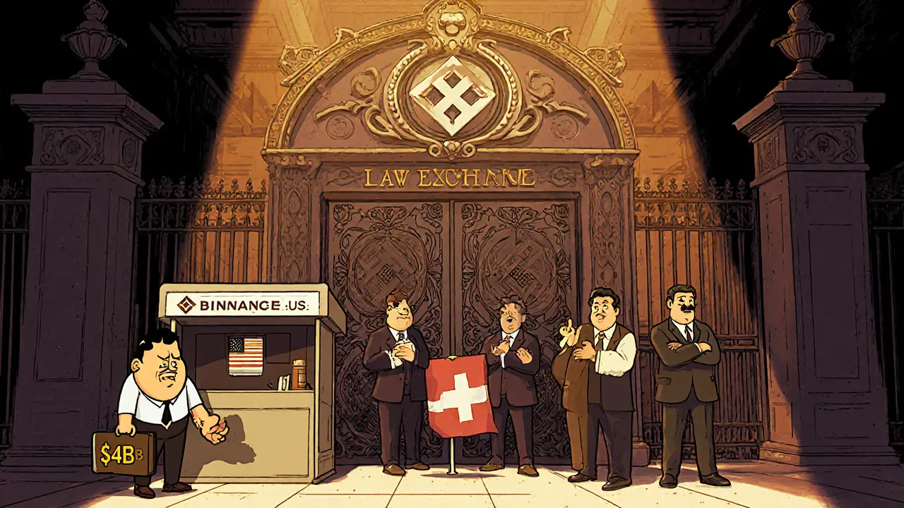 Vintage cartoon scene of a regulatory gate with exchange mascots, showing Binance US and country gatekeepers.