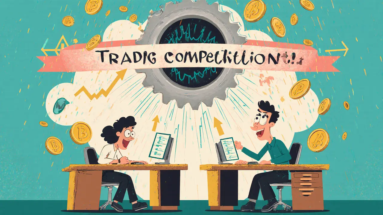 Vintage cartoon traders racing on a DEX with PERA coins raining and gear contracts.