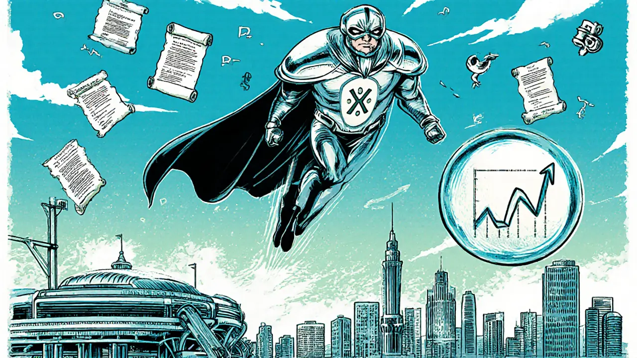 XRP superhero flies over city, with ETF, privacy, and India partnership symbols.