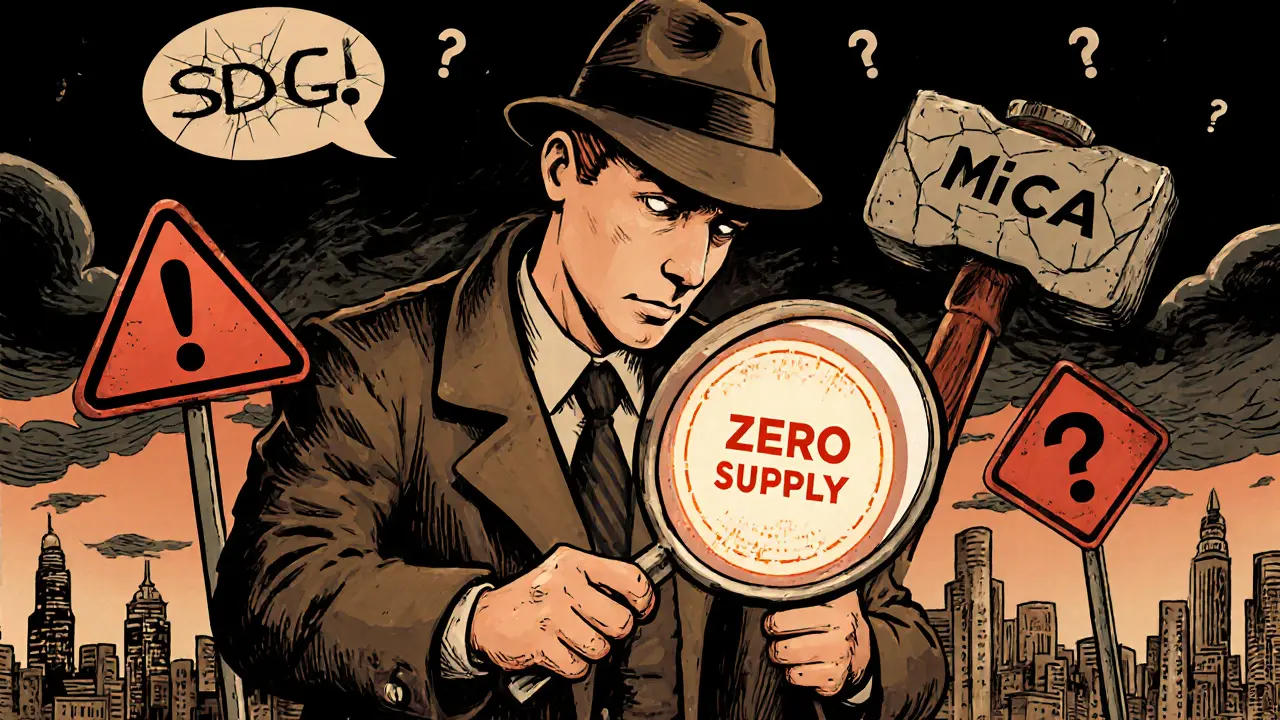 Vintage cartoon detective examining an SDG token with warning signs and a regulator hammer.