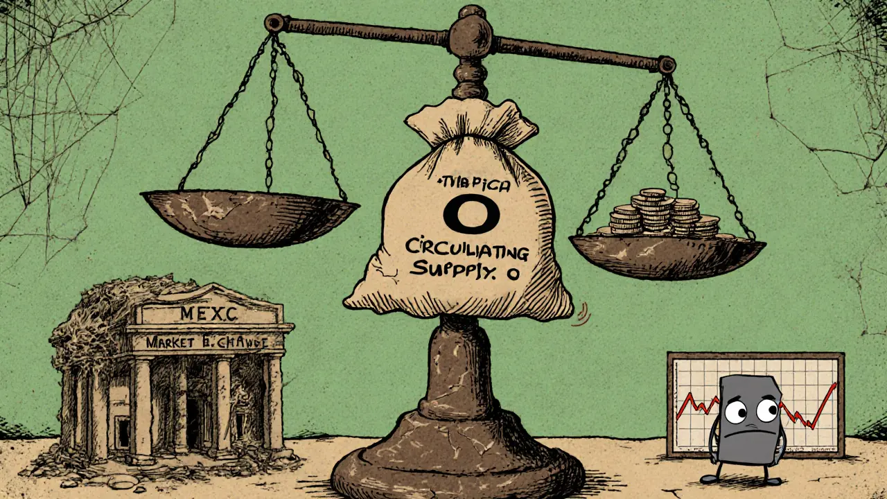 Vintage cartoon showing a broken scale with zero circulating supply and a sad wallet near MEXC exchange.
