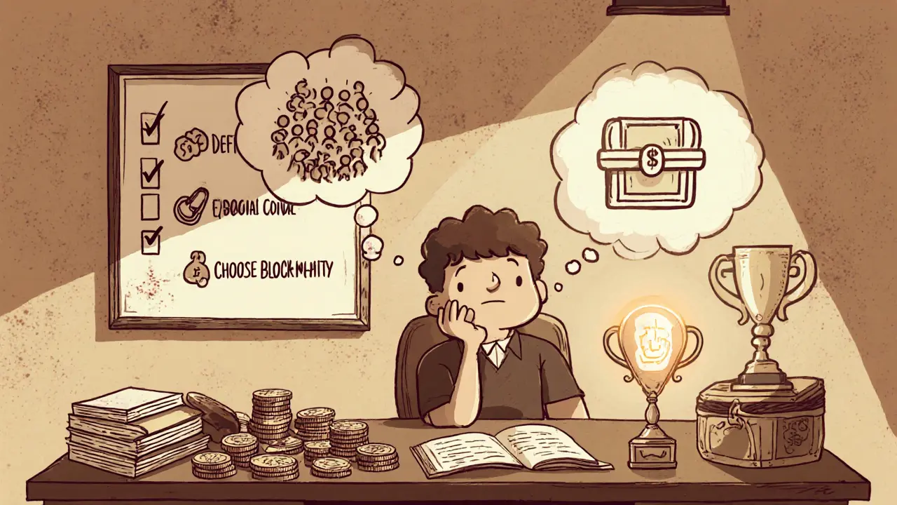 Cartoon creator at desk with thought bubbles choosing between social tokens and an NFT.