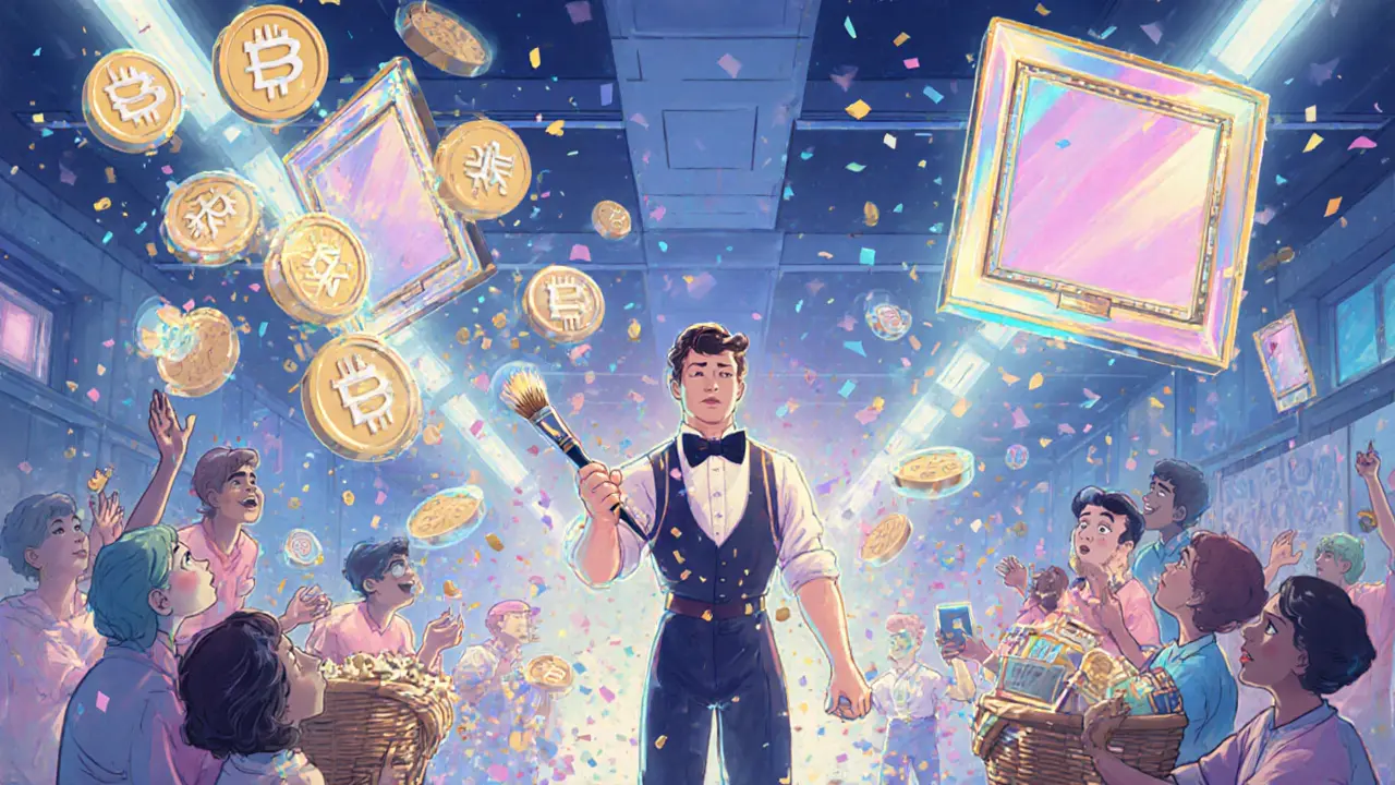 Creator releasing both social token confetti and glowing NFT art pieces, fans catching both.