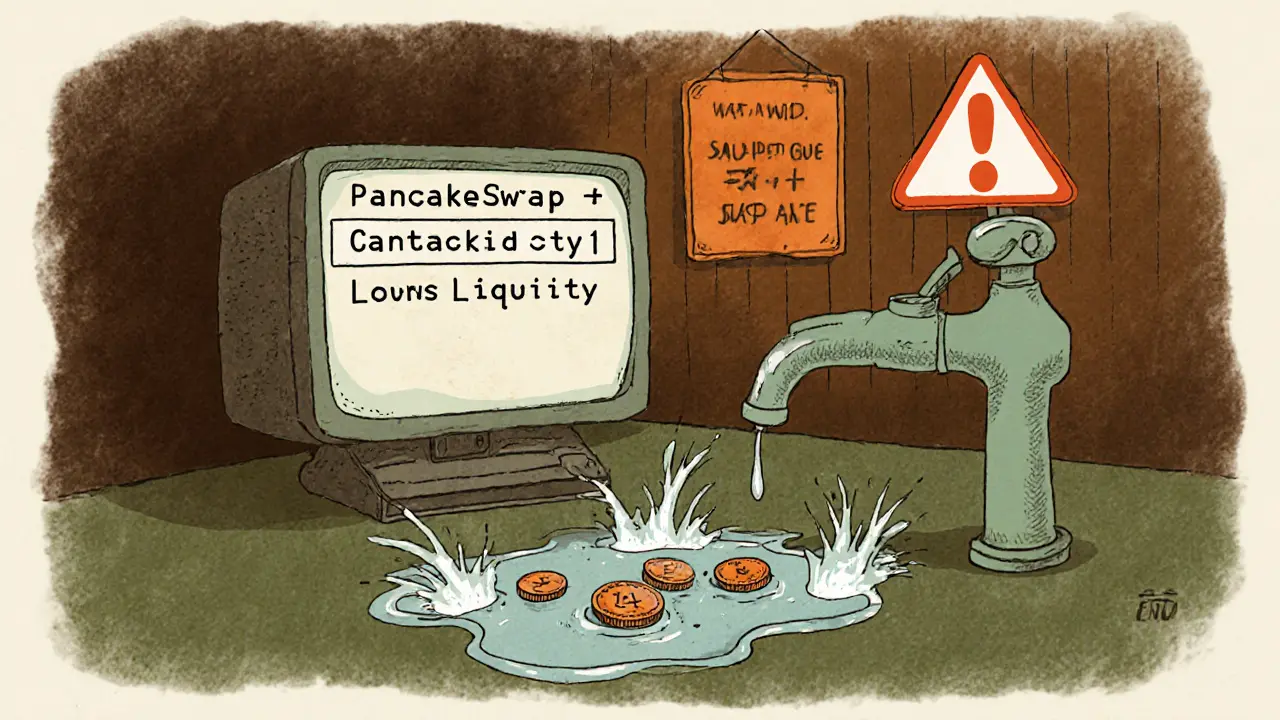 Vintage cartoon investor at computer trading BSTR on PancakeSwap with low liquidity warning.