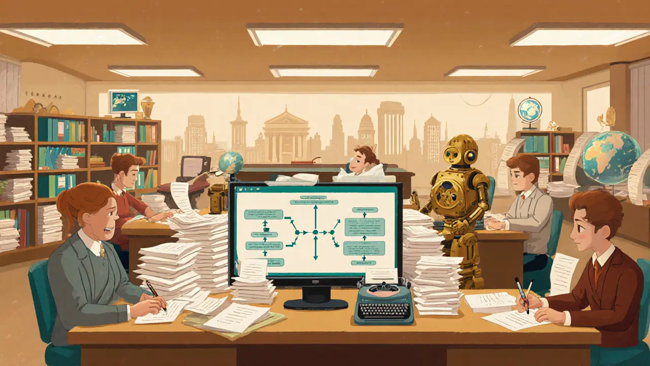 Vintage cartoon office scene of a compliance team reviewing crypto transactions.
