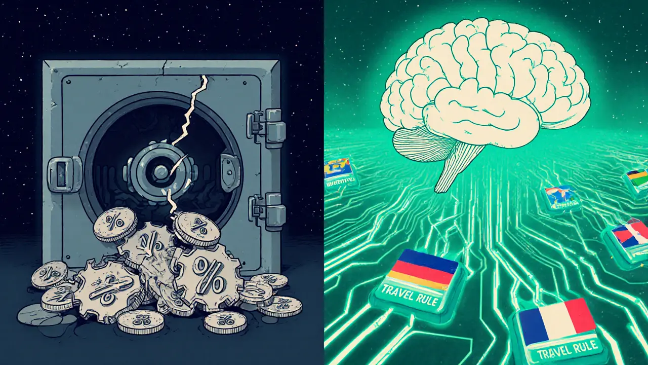Vintage cartoon showing fines, a broken vault, and AI analyzing travel‑rule data.