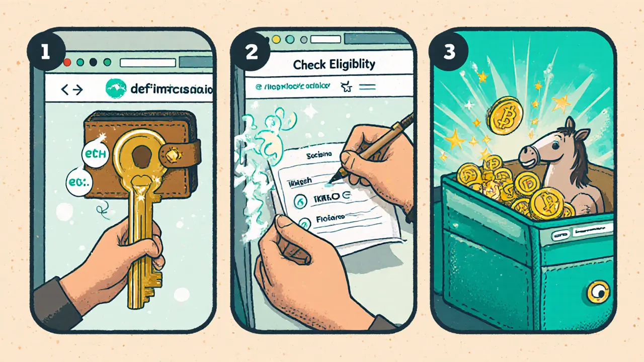 Comic strip shows connecting a wallet, checking eligibility, signing, and receiving DFH tokens.