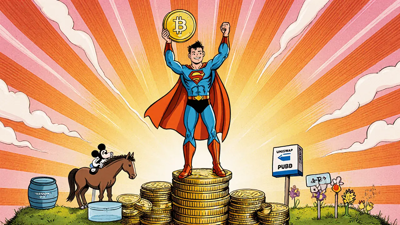 Hero stands on a coin podium holding DFH token, with icons for staking, liquidity, and voting.